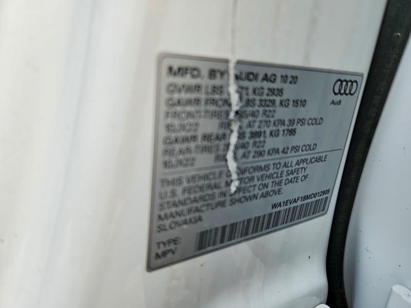 Продаж на аукціоні авто 2021 Audi Q8, vin: WA1EVAF18MD012905, номер лоту: 72247905