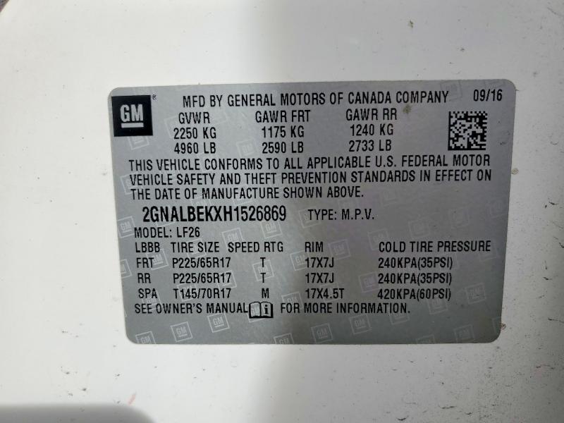 74810155 :رقم المزاد ، 2GNALBEKXH1526869 vin ، 2017 Chevrolet Equinox مزاد بيع