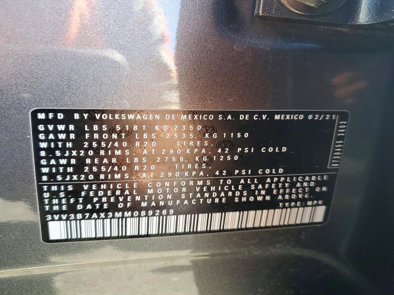 2021 Volkswagen Tiguan მანქანა იყიდება აუქციონზე, vin: 3VV3B7AX3MM089269, აუქციონის ნომერი: 72404655