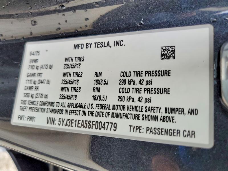 Продаж на аукціоні авто 2025 Tesla Model 3, vin: 5YJ3E1EA5SF004779, номер лоту: 99887475