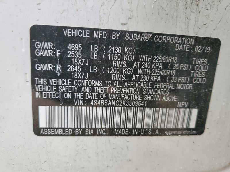 Продажа на аукционе авто 2019 Subaru Outback, vin: 4S4BSANC2K3309641, номер лота: 74333455