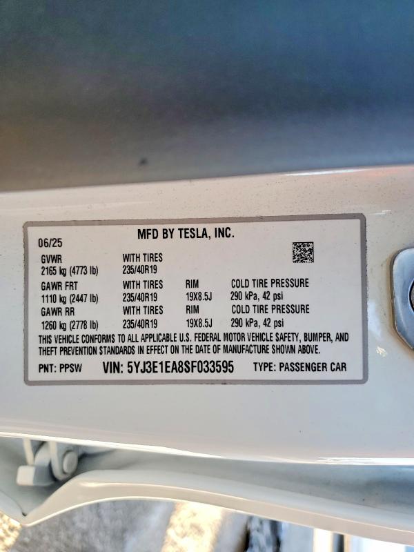 Aukcja sprzedaży 2025 Tesla Model 3, vin: 5YJ3E1EA8SF033595, numer aukcji: 73282635