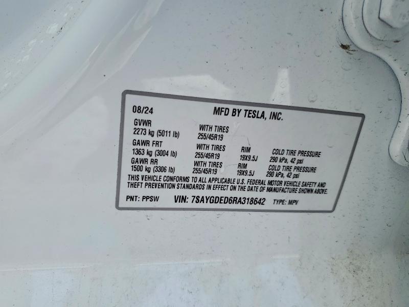 2024 Tesla Model Y მანქანა იყიდება აუქციონზე, vin: 7SAYGDED6RA318642, აუქციონის ნომერი: 99119625