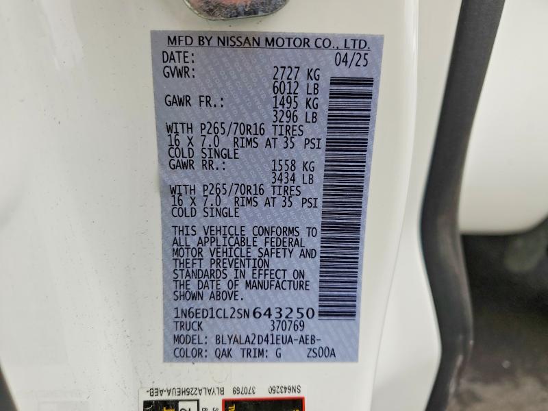 Aukcja sprzedaży 2025 Nissan Frontier, vin: 1N6ED1CL2SN643250, numer aukcji: 73611605