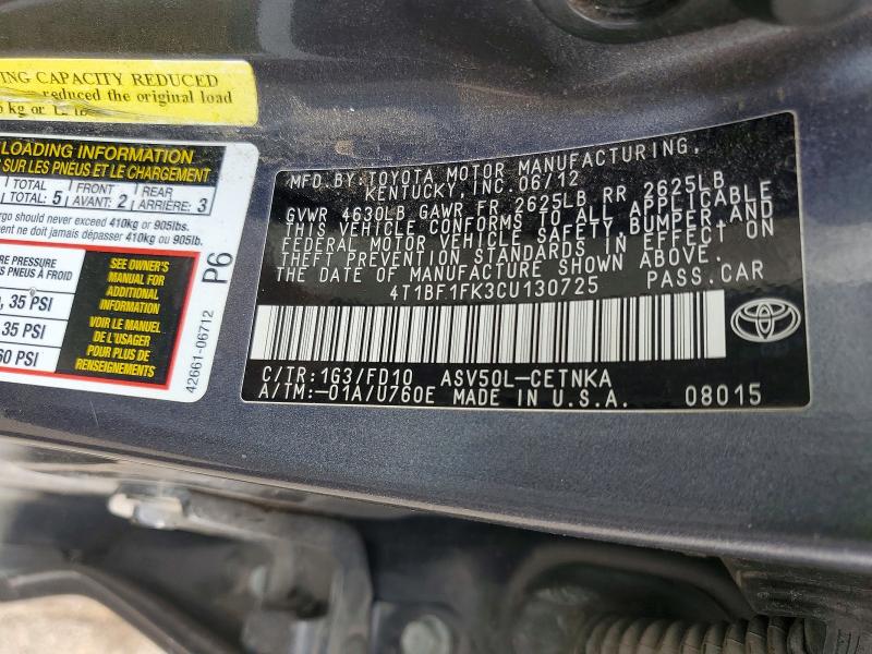 Aukcja sprzedaży 2012 Toyota Camry, vin: 4T1BF1FK3CU130725, numer aukcji: 99388265