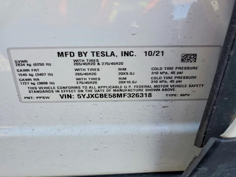 2021 Tesla Model X მანქანა იყიდება აუქციონზე, vin: 5YJXCBE58MF326318, აუქციონის ნომერი: 73670885