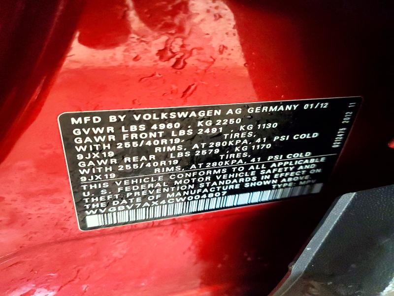 74581995 :رقم المزاد ، WVGBV7AX4CW004807 vin ، 2012 Volkswagen Tiguan مزاد بيع