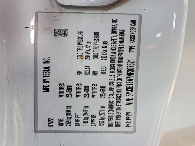 73965195 :رقم المزاد ، 5YJ3E1EA7NF307521 vin ، 2022 Tesla Model 3 مزاد بيع