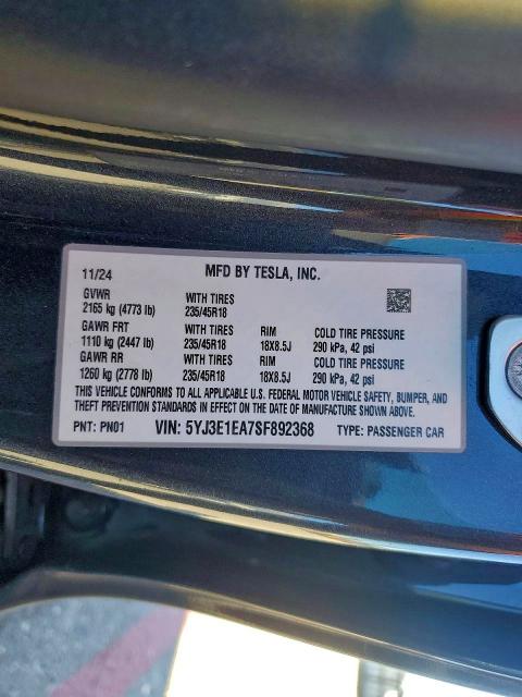 73323255 :رقم المزاد ، 5YJ3E1EA7SF892368 vin ، 2025 Tesla Model 3 مزاد بيع