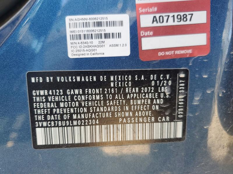 2020 Volkswagen Jetta მანქანა იყიდება აუქციონზე, vin: 3VWCB7BU9LM022304, აუქციონის ნომერი: 75485045