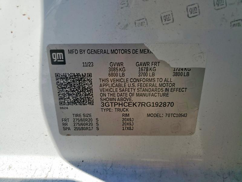 Aukcja sprzedaży 2024 Gmc Sierra, vin: 3GTPHCEK7RG192870, numer aukcji: 74992195
