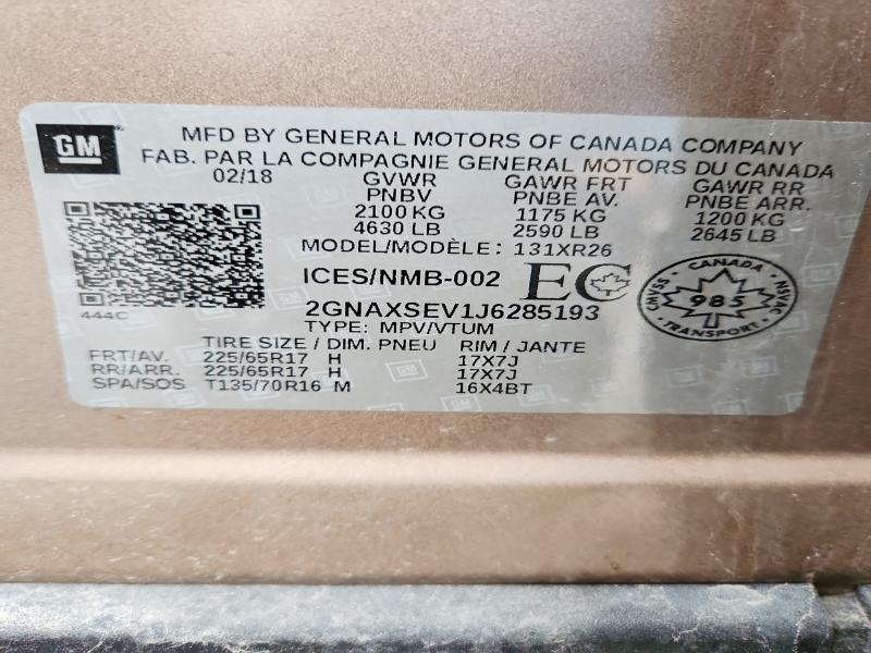 99501845 :رقم المزاد ، 2GNAXSEV1J6285193 vin ، 2018 Chevrolet Equinox مزاد بيع
