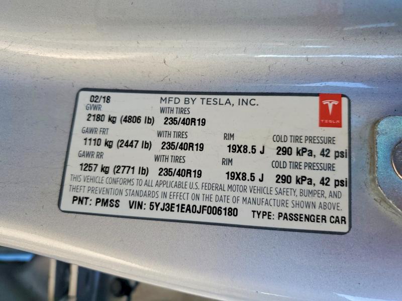 Aukcja sprzedaży 2018 Tesla Model 3, vin: 5YJ3E1EA0JF006180, numer aukcji: 99532695