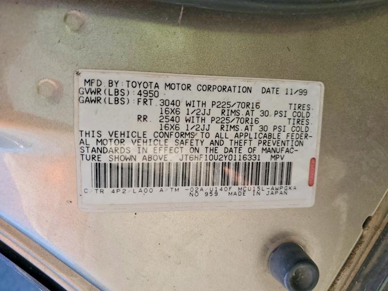 74828705 :رقم المزاد ، JT6HF10U2Y0116331 vin ، 2000 Lexus Rx 300 مزاد بيع