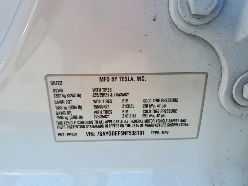 72187715 :رقم المزاد ، 7SAYGDEF5NF538191 vin ، 2022 Tesla Model Y مزاد بيع