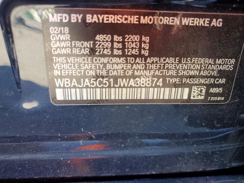 72133905 :رقم المزاد ، WBAJA5C51JWA38874 vin ، 2018 Bmw 530 مزاد بيع