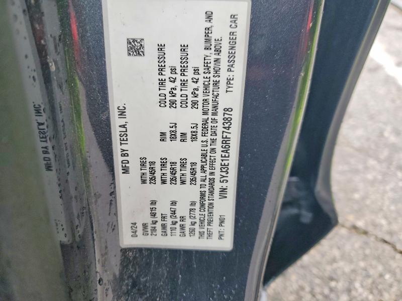 Aukcja sprzedaży 2024 Tesla Model 3, vin: 5YJ3E1EA6RF743878, numer aukcji: 98233855