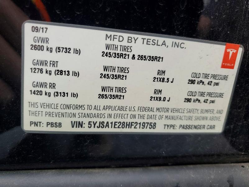 Aukcja sprzedaży 2017 Tesla Model S, vin: 5YJSA1E28HF219758, numer aukcji: 99157505