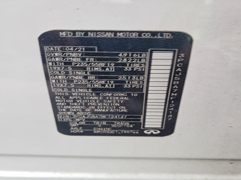 74367655 :رقم المزاد ، 3PCAJ5BA7MF124147 vin ، 2021 Infiniti Qx50 مزاد بيع