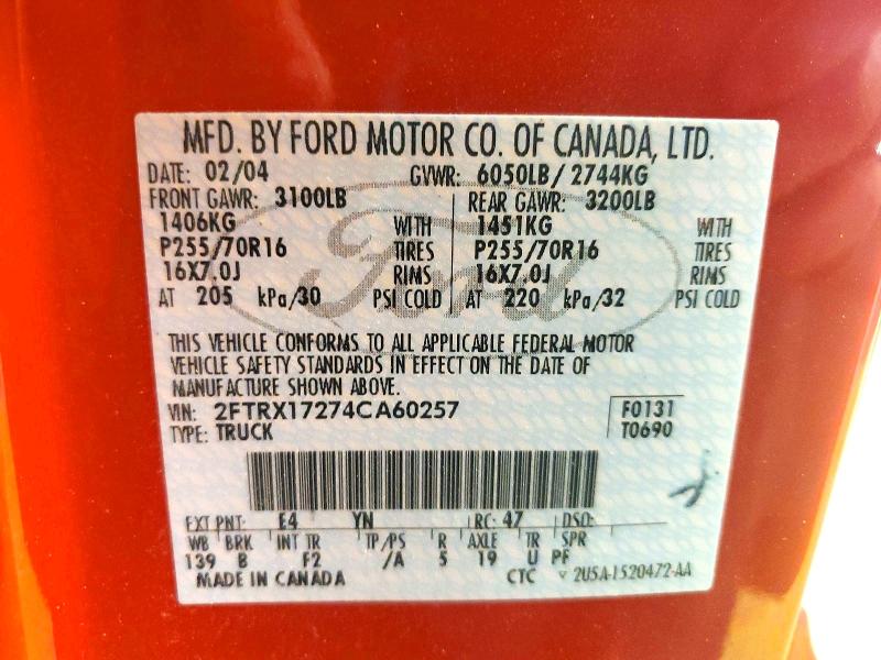 75094825 :رقم المزاد ، 2FTRX17274CA60257 vin ، 2004 Ford F-150 Heritage مزاد بيع