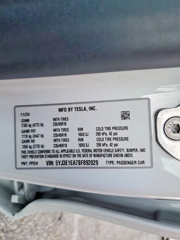 Aukcja sprzedaży 2025 Tesla Model 3, vin: 5YJ3E1EA7SF892029, numer aukcji: 99947365