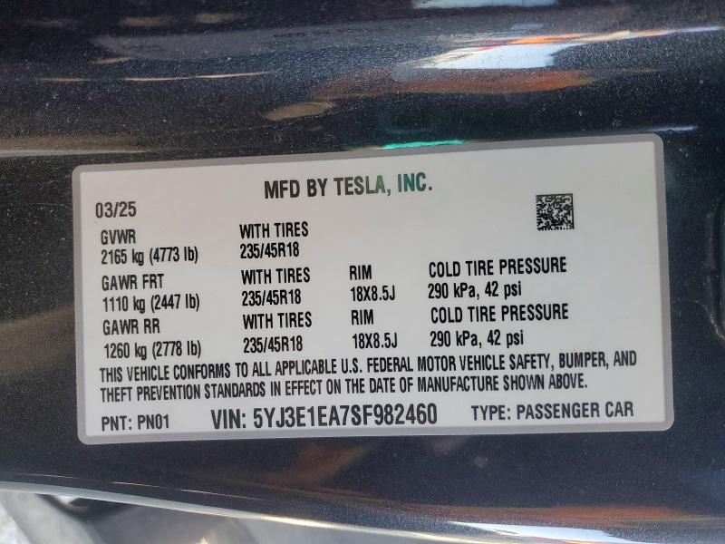 Продаж на аукціоні авто 2025 Tesla Model 3, vin: 5YJ3E1EA7SF982460, номер лоту: 75280845