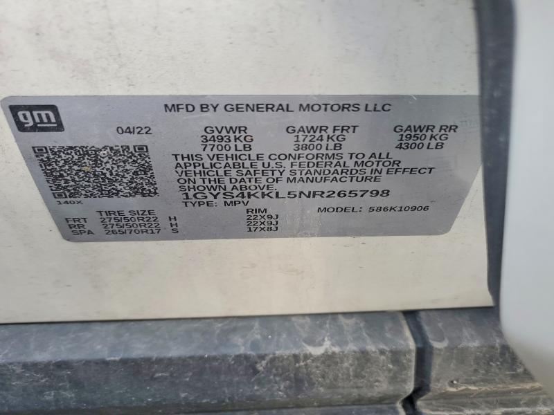 75483215 :رقم المزاد ، 1GYS4KKL5NR265798 vin ، 2022 Cadillac Escalade E مزاد بيع