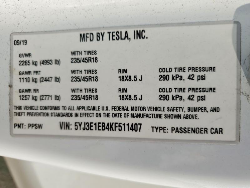Продажа на аукционе авто 2019 Tesla Model 3, vin: 5YJ3E1EB4KF511407, номер лота: 74815325