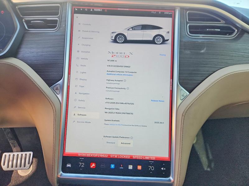 2016 Tesla Model X მანქანა იყიდება აუქციონზე, vin: 5YJXCBE41GF016622, აუქციონის ნომერი: 74977745
