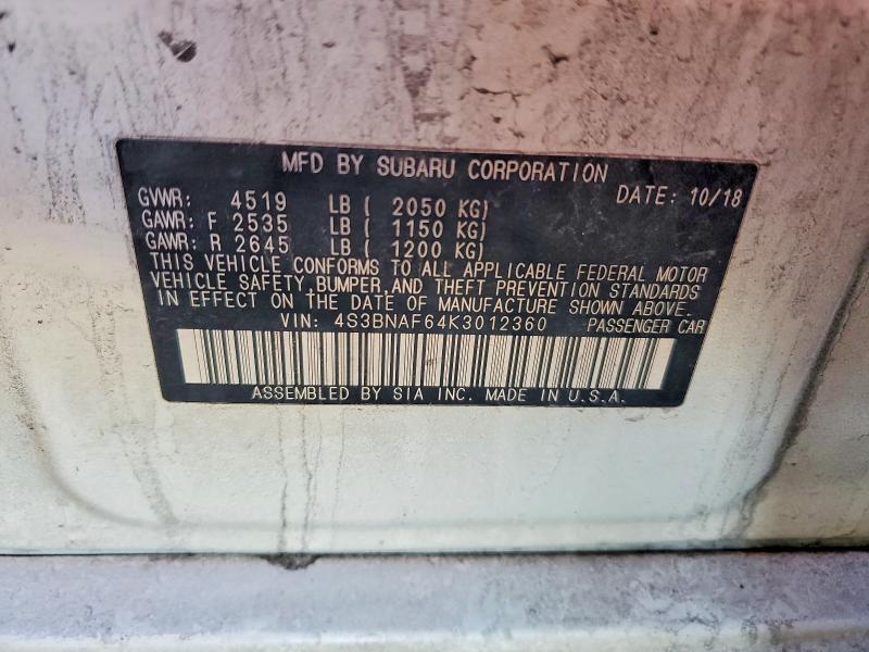 Aukcja sprzedaży 2019 Subaru Legacy, vin: 4S3BNAF64K3012360, numer aukcji: 99860255