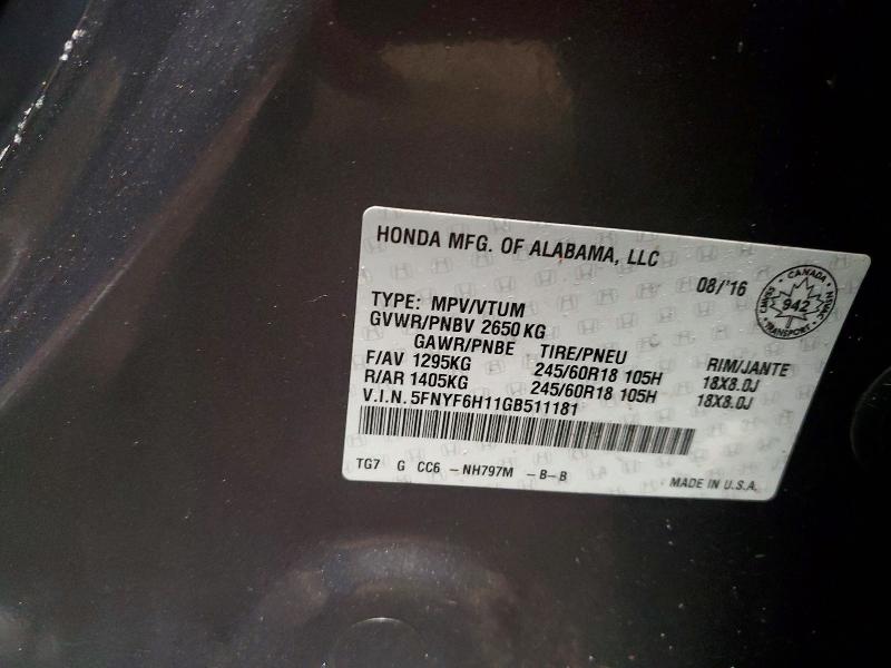 98812445 :رقم المزاد ، 5FNYF6H11GB511181 vin ، 2016 Honda Pilot مزاد بيع