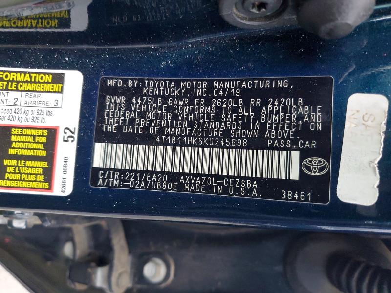 Aukcja sprzedaży 2019 Toyota Camry, vin: 4T1B11HK6KU245698, numer aukcji: 73687015
