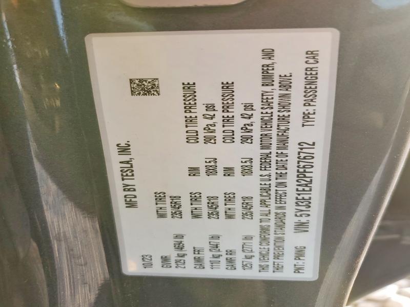 2023 Tesla Model 3 მანქანა იყიდება აუქციონზე, vin: 5YJ3E1EA2PF676712, აუქციონის ნომერი: 99530945