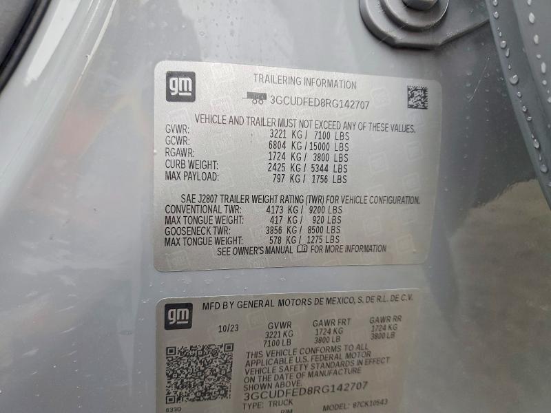 Aukcja sprzedaży 2024 Chevrolet Silverado, vin: 3GCUDFED8RG142707, numer aukcji: 74065725
