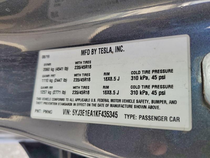 2019 Tesla Model 3 მანქანა იყიდება აუქციონზე, vin: 5YJ3E1EA1KF435345, აუქციონის ნომერი: 74123815