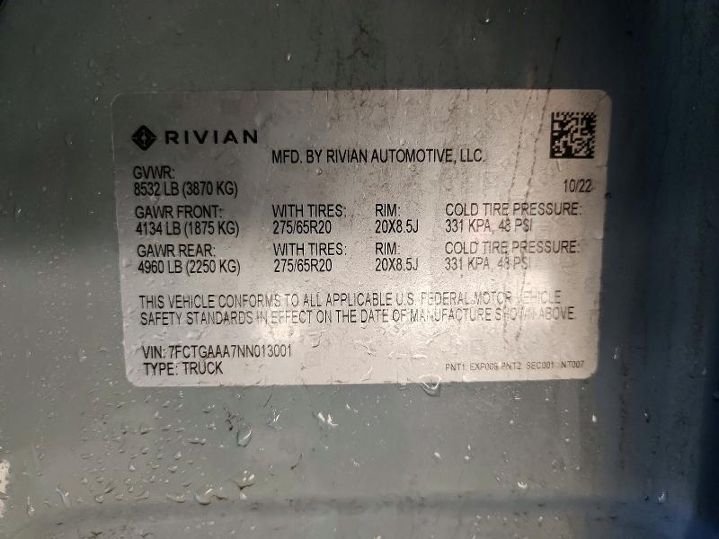 Продаж на аукціоні авто 2022 Rivian R1t, vin: 7FCTGAAA7NN013001, номер лоту: 98595235