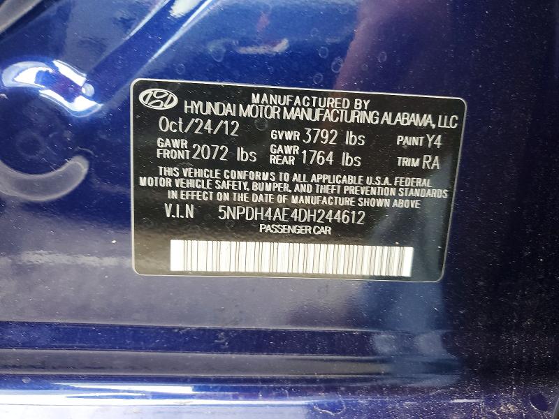 74599895 :رقم المزاد ، 5NPDH4AE4DH244612 vin ، 2013 Hyundai Elantra مزاد بيع