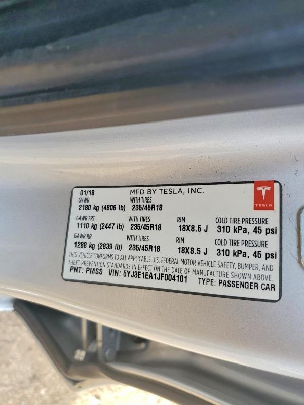 Aukcja sprzedaży 2018 Tesla Model 3, vin: 5YJ3E1EA1JF004101, numer aukcji: 74959955