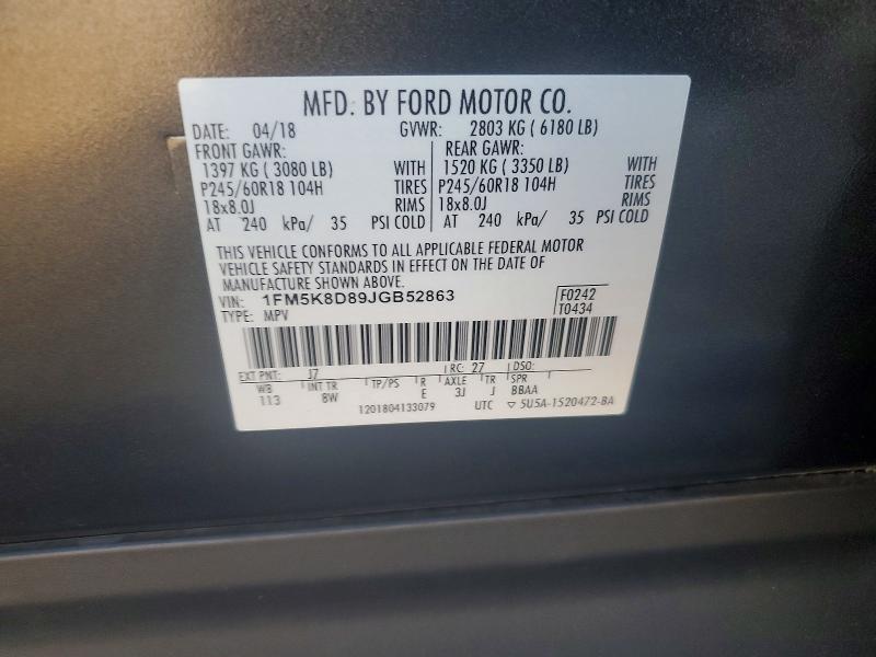 97595595 :رقم المزاد ، 1FM5K8D89JGB52863 vin ، 2018 Ford Explorer مزاد بيع
