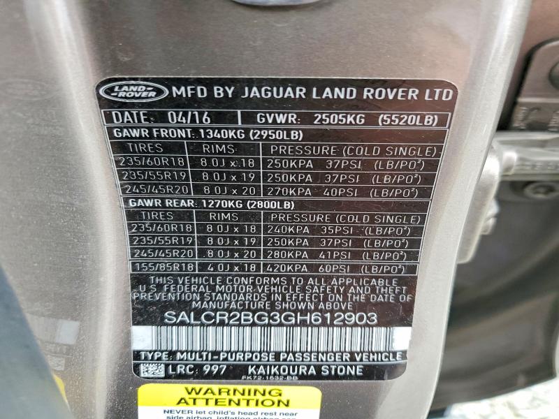 Aukcja sprzedaży 2016 Land Rover Discovery, vin: SALCR2BG3GH612903, numer aukcji: 73882635