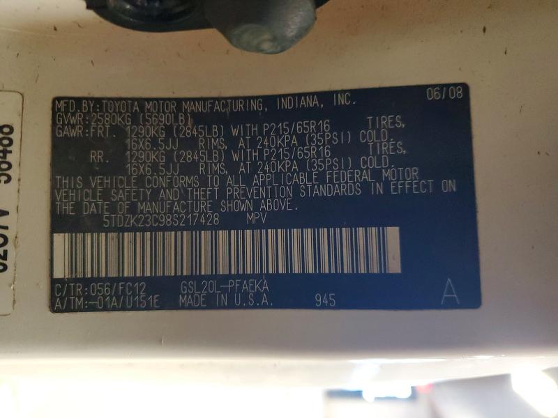 Продаж на аукціоні авто 2008 Toyota Sienna, vin: 5TDZK23C98S217428, номер лоту: 75242155