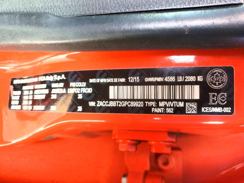 Продаж на аукціоні авто 2016 Jeep Renegade, vin: ZACCJBBT2GPC89920, номер лоту: 99699825