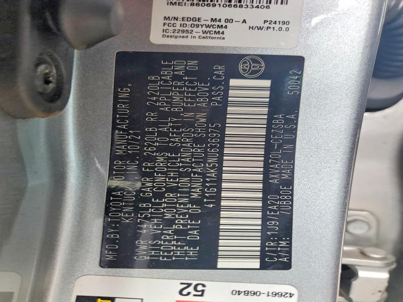 Продажа на аукционе авто 2022 Toyota Camry, vin: 4T1G11AK5NU636975, номер лота: 98307605