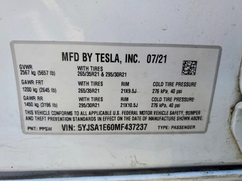 Aukcja sprzedaży 2021 Tesla Model S, vin: 5YJSA1E60MF437237, numer aukcji: 74768825