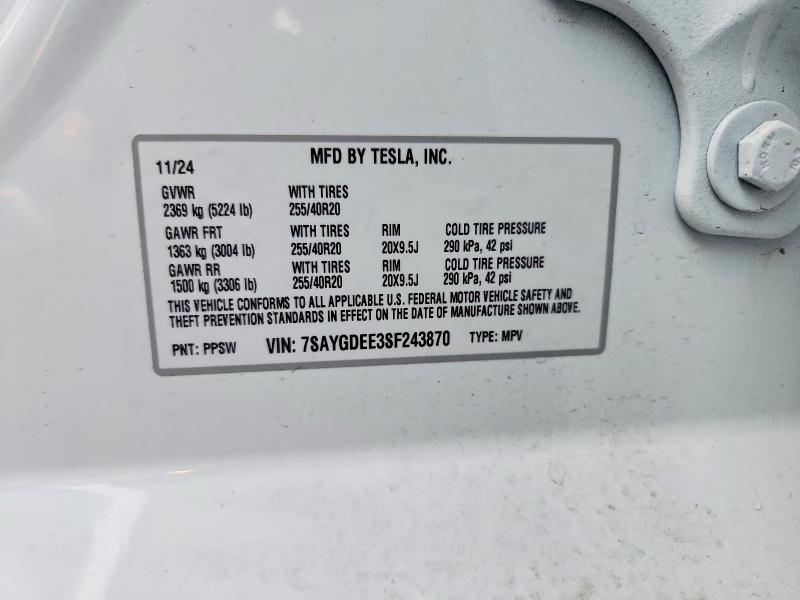 2025 Tesla Model Y მანქანა იყიდება აუქციონზე, vin: 7SAYGDEE3SF243870, აუქციონის ნომერი: 97577945
