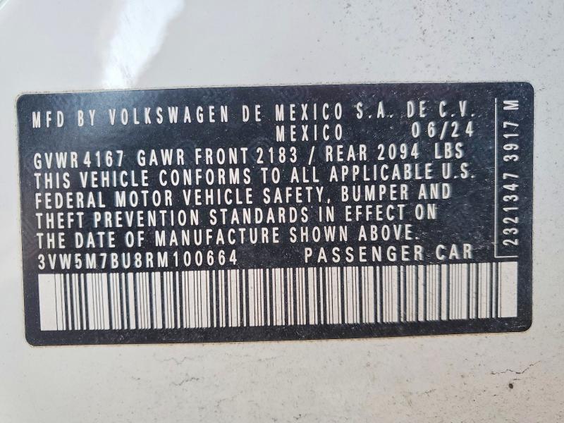 2024 Volkswagen Jetta მანქანა იყიდება აუქციონზე, vin: 3VW5M7BU8RM100664, აუქციონის ნომერი: 75278225