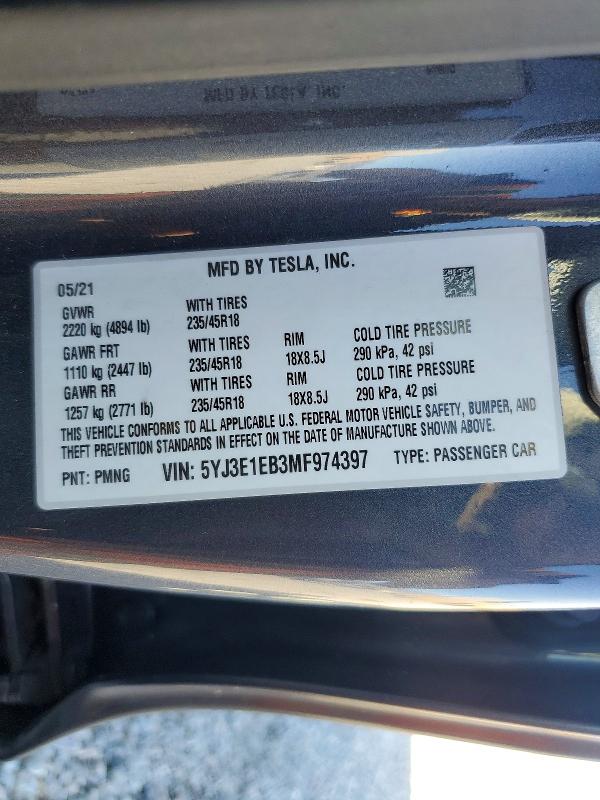 Aukcja sprzedaży 2021 Tesla Model 3, vin: 5YJ3E1EB3MF974397, numer aukcji: 73924725