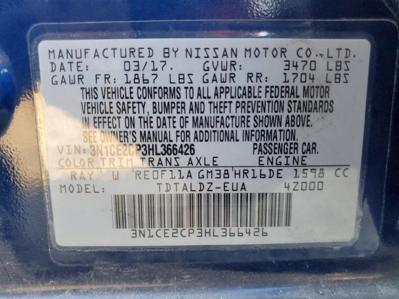 2017 Nissan Versa Note მანქანა იყიდება აუქციონზე, vin: 3N1CE2CP3HL366426, აუქციონის ნომერი: 74714155