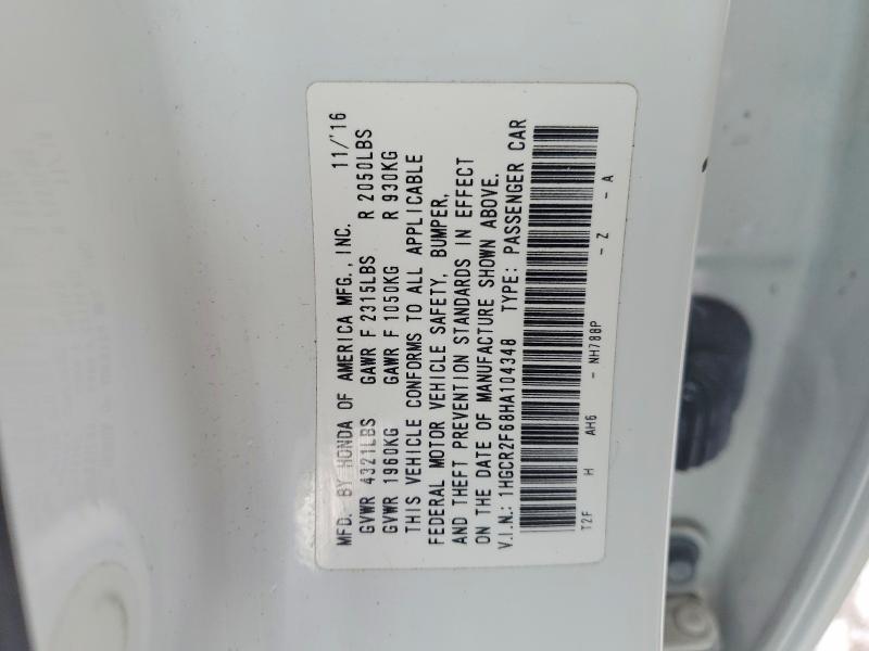 2017 Honda Accord მანქანა იყიდება აუქციონზე, vin: 1HGCR2F68HA104348, აუქციონის ნომერი: 99657265