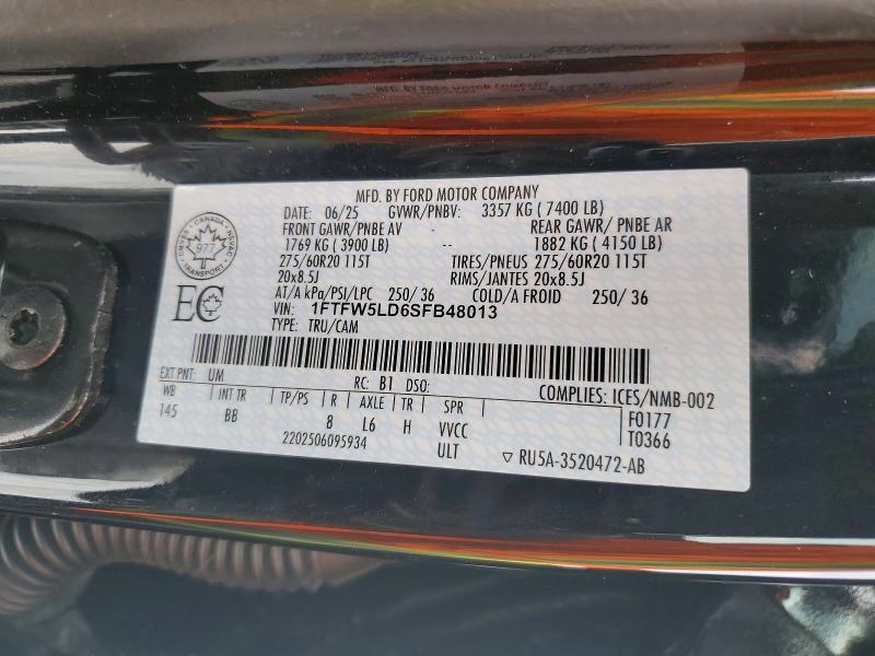 2025 Ford F150 მანქანა იყიდება აუქციონზე, vin: 1FTFW5LD6SFB48013, აუქციონის ნომერი: 73923035